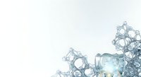 Transparent water molecule structures and glass beaker with glowing light isolated on white background for scientific research, chemistry education, and laboratory design projects.