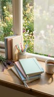 Cozy workspace by window with notebooks, coffee cup, colored pencils and lavender flowers on wooden desk overlooking blooming garden in warm natural light.