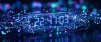 Digital clock display showing 22:03 time surrounded by glowing network connections and data streams on dark background for technology concepts.