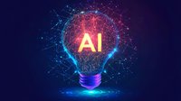 Glowing light bulb with AI text inside surrounded by digital network connections and particles on dark blue background, representing artificial intelligence concept.