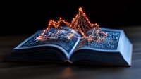 Open book with glowing orange and blue light trails forming magical mountain peaks rising from pages against dark background, creating mystical literary atmosphere.