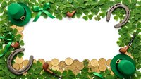 St. Patricks Day festive border frame with shamrocks, leprechaun hats, horseshoes, gold coins, and smoking pipes on white background.