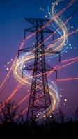 Electric power transmission tower with glowing energy streams and light trails against purple twilight sky representing smart grid technology and renewable energy flow.
