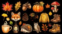 Autumn fall clipart set with fox, owl, hedgehog, pumpkin, mushrooms, leaves, boots, sweater, and acorn, isolated on transparent background for stickers, T-shirts, print on demand.