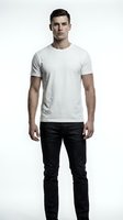 Young man with dark hair and Caucasian ethnicity wearing casual white t-shirt and dark denim jeans against neutral background for apparel and fashion mockup use.