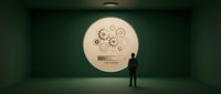 Businessman standing in dark room viewing glowing circular screen displaying gears and loading bar, representing technology, innovation, and digital progress in corporate environment.