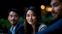 Young Asian business professionals networking at outdoor evening meeting with bokeh lights, expressing confidence and engagement during casual corporate discussion.