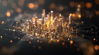 Futuristic glowing cityscape with golden skyscrapers on circuit board background, illuminated by bokeh lights creating magical urban technology concept.