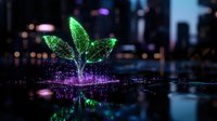 Glowing neon plant sprout emerging from water surface with colorful light reflections against dark urban nighttime background, magical nature concept.