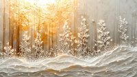 Ethereal winter landscape with frosted white flowers rising from rolling snow drifts against golden sunlit forest, creating magical seasonal atmosphere.