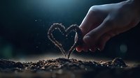 Hand drawing heart shape in soil with finger against dark background with magical sparkles and bokeh light effects creating romantic atmosphere.