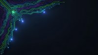 Digital circuit board pattern with glowing green and blue lights on dark background for technology presentations and electronic design projects.