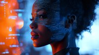 Young African American woman with digital code projection on face in futuristic cyberpunk lighting for technology and AI concepts.