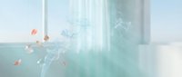 Autumn leaves drift through ethereal light streaming through sheer curtains in minimalist interior space, creating serene, dreamy atmosphere for design and wellness concepts.