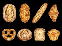 Watercolor bakery bread set isolated on transparent background, featuring loaf, baguette, croissant, pretzel, muffin and more. Great for clipart, stickers, t-shirt design.