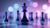 Chess king piece stands prominently on board with blurred pieces in background, illuminated by purple and pink bokeh lights for strategic business concepts.