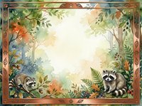 Autumn forest frame with raccoons and foliage border, watercolor woodland scene with copy space for seasonal greeting cards and nature designs.