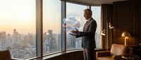 Professional businessman in suit using smartphone in luxury office with panoramic city skyline view during golden hour sunset for corporate communication.