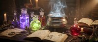 Mystical alchemy laboratory with colorful potions, ancient spellbooks, smoking cauldron and magical artifacts for fantasy gaming and occult themes.