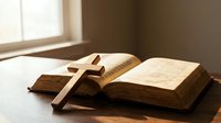 Open vintage book with wooden cross on table near window creating warm spiritual atmosphere for religious study and prayer meditation.