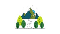 Mountain landscape with winding path through green forest trees on white background. Nature scene for outdoor adventure and travel designs.