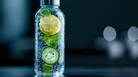 Fresh cucumber, lemon slices and mint leaves in sparkling water glass bottle against dark background with bokeh lights, healthy detox drink concept.
