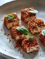 Bite-sized appetizer cubes coated in crispy breadcrumbs and spices, garnished with fresh basil leaves on gray ceramic plate, macro food photography.