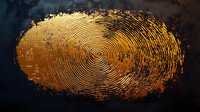 Golden fingerprint pattern with detailed ridge lines and swirls on dark background, illuminated with metallic sheen effect creating dramatic contrast and depth.