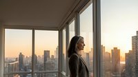 Professional businesswoman gazing at city skyline through office windows during golden hour sunset, contemplating future success and opportunities.