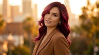 Young Hispanic woman with burgundy hair in brown coat smiling at camera during golden hour sunset in urban city setting with warm autumn lighting.