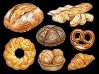 Assorted fresh baked bread and pastries isolated on transparent background. Includes artisan loaves, sliced baguette, pretzel, croissant, and rolls. Ready for bakery designs, menus, and print projects.