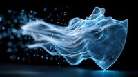 Abstract blue digital shield with flowing particles and light effects dispersing across dark background, representing cybersecurity, data protection, and network defense for technology and security concepts.