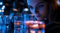 Young attractive woman with long hair enjoying evening drinks at upscale bar with ambient blue lighting and bokeh effects creating sophisticated nightlife atmosphere.