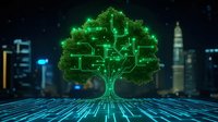 Glowing green tree with circuit board pattern branches against futuristic city skyline background, digital roots connecting to blue technology grid platform.
