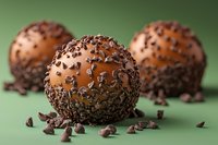 Gourmet chocolate truffles coated with caramel and dark chocolate chips on green background, selective focus on front candy with scattered chocolate pieces.
