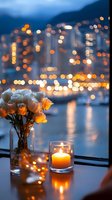 Romantic evening cityscape with glowing candle and roses in vase against blurred urban lights and waterfront view, creating intimate atmosphere for special occasions.