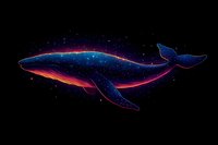 Mystical cosmic whale floating in starry space with glowing neon outlines and galaxy patterns within silhouette against black background, for fantasy art designs.