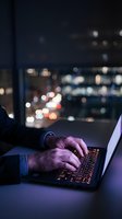 Professional businessman working late on laptop with city lights bokeh background creating atmospheric office environment for business and technology concepts.