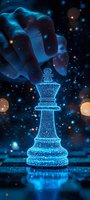 Hand moving glowing blue chess king piece on dark background with bokeh light effects, concept of strategy and leadership.