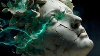 Cracked stone sculpture with glowing turquoise energy emerging from fractures, creating an ethereal artistic effect against dark background.