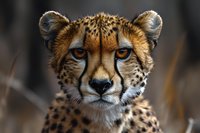 Close up portrait of majestic cheetah with intense blue eyes and spotted fur pattern against blurred natural background, showing detailed facial features.