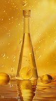 Glass bottle with lemon slice in golden liquid against yellow background with water drops and reflection, fresh citrus beverage composition.