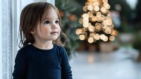 Young girl in navy sweater gazing upward with wonder near window, Christmas tree lights creating magical bokeh effect in background. Holiday season childhood portrait.