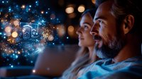 Mature bearded man and woman looking at glowing smart home interface with digital icons floating in dark room with bokeh lights and technology concept.