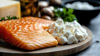 Fresh salmon fillet with mozzarella pearls and herbs on wooden board, ready for cooking or gourmet meal preparation and restaurant presentation.