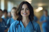 Confident female healthcare professional in blue scrubs and stethoscope smiling warmly in hospital corridor with medical team in background. For healthcare advertising.