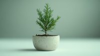 Small rosemary plant growing in white ceramic pot against soft green background for home gardening and kitchen herb cultivation concepts.