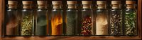 Assorted spices and herbs in glass jars with cork stoppers on wooden shelf, colorful culinary ingredients for cooking and seasoning food.