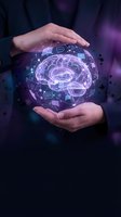 Businessman protecting glowing digital brain with holographic network connections and data icons in cupped hands against purple technology background.