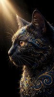 Majestic cat portrait with ornate golden baroque patterns and swirls in dramatic lighting. Fantasy feline art with decorative elements for luxury design projects.